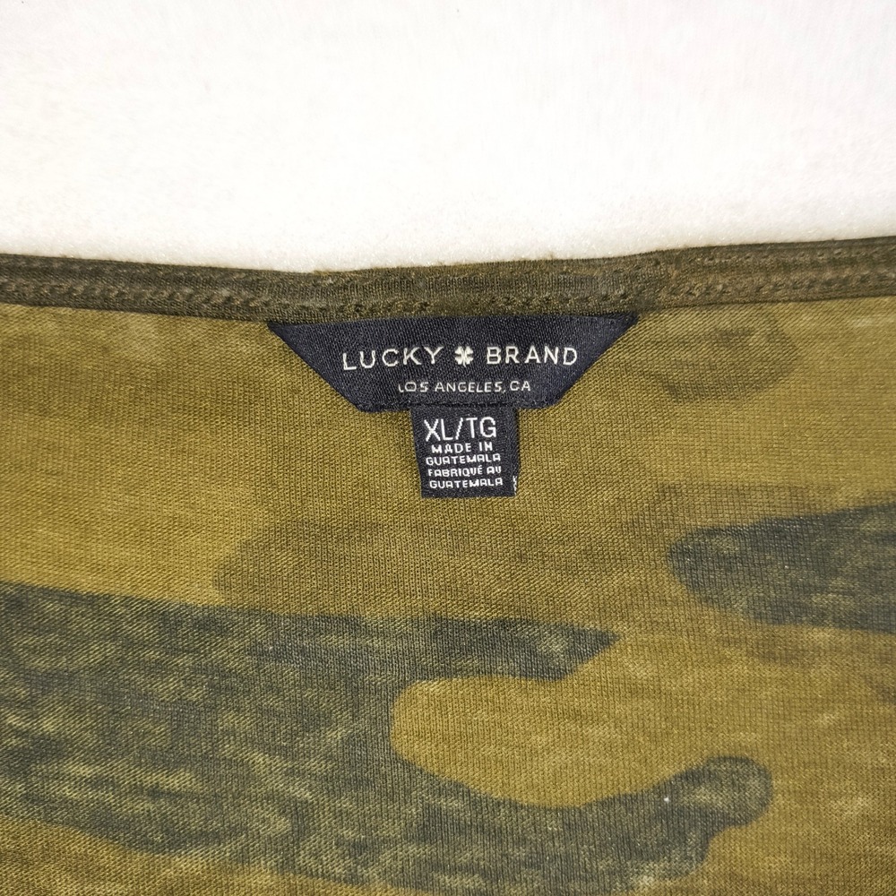 Lucky Brand Womens XL Camo Print Front Tie V-Neck Cap Sleeve Burnout Tee Olive - Picture 3 of 8